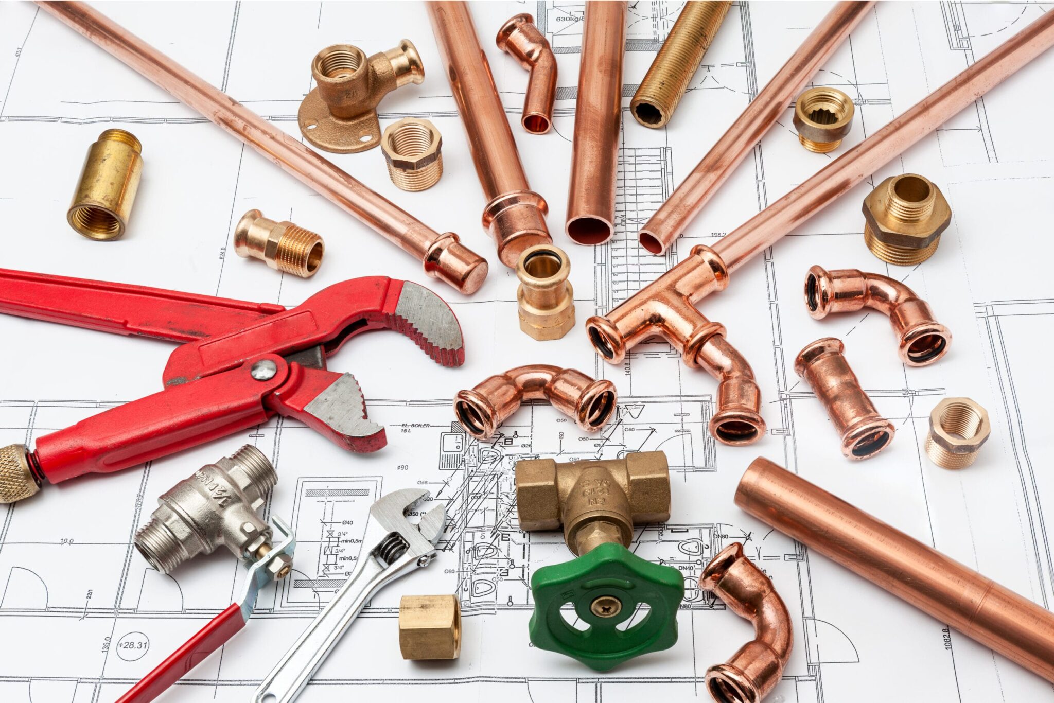 Copper pipes, fittings, valves, and plumbing tools in Edgewater