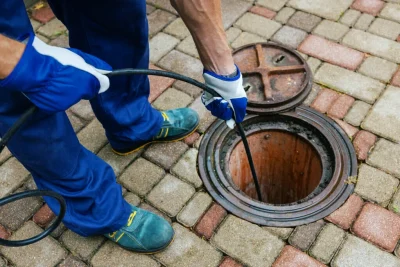 Plumber cleaning an outdoor sewer drain in Edgewater