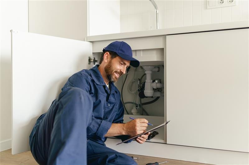 Residential plumber reviewing plumbing repairs in a Edgewater kitchen