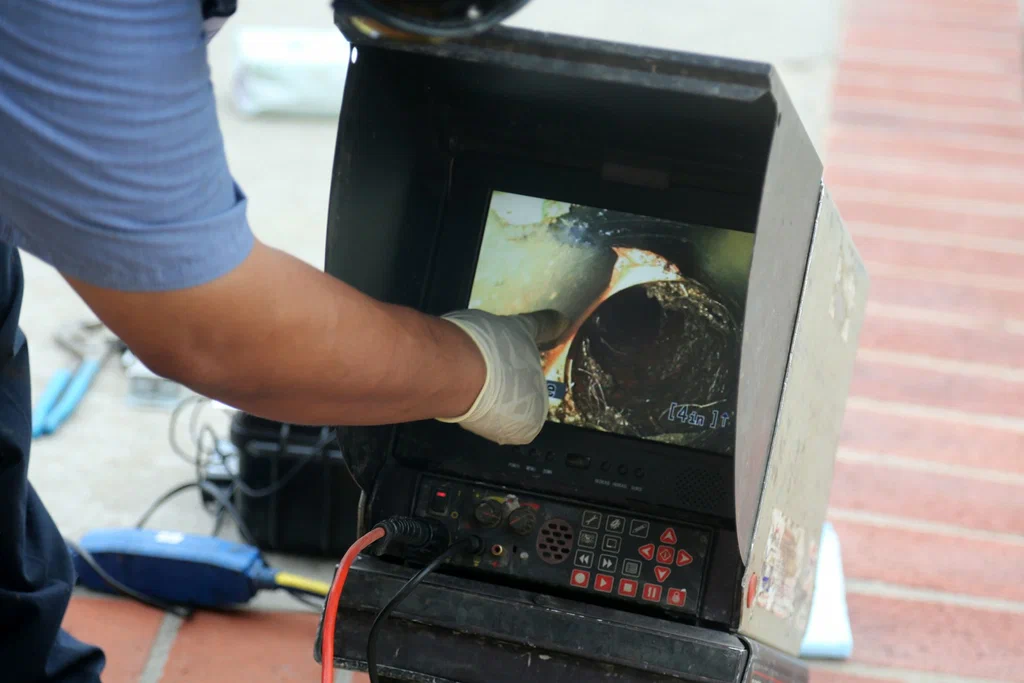Technician viewing a drain inspection camera in Edgewater