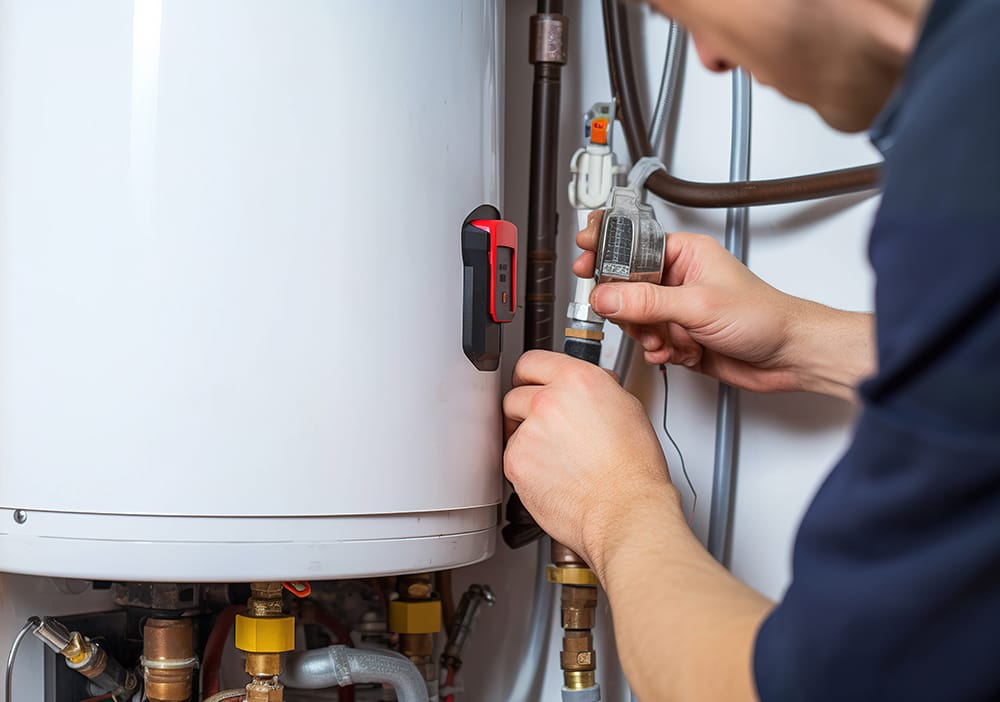 Technician repairing pipes connected to a water heater in Edgewater